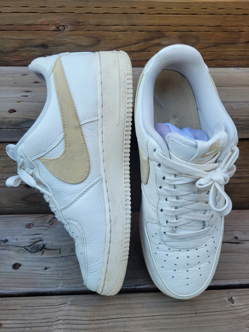 Nike Men's White Leather Sneakers with Cream Swoosh